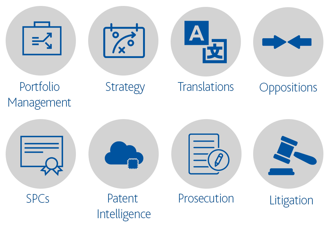8 icons, one of Portfolio Management, one of Strategy, one of Translations, one of Oppositions, one of SPCs, one ofe Patent Intelligence, one of Prosecution, one of Litigation